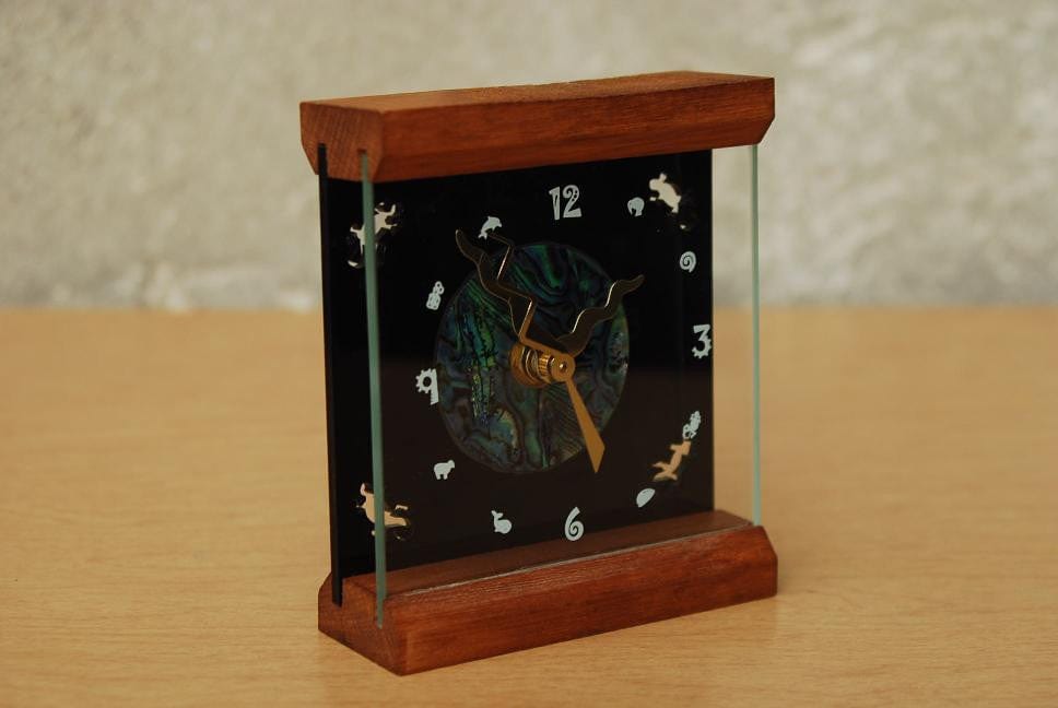 I Like Mike's Mid-Century Modern Clock Memphis Wood & Glass Desk Clock with Paua Shell Face