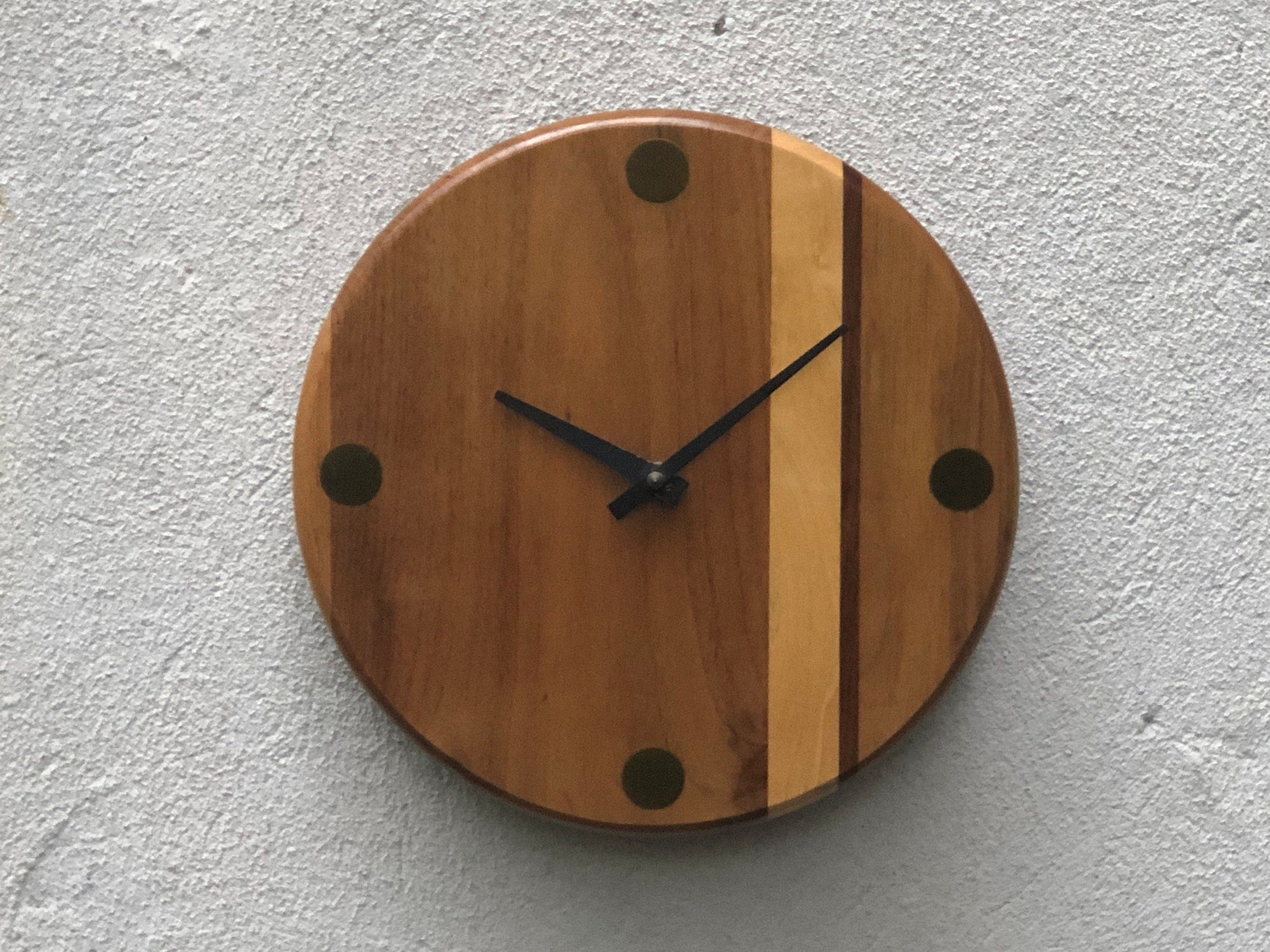 I Like Mike's Mid Century Modern Clock Modern Handcrafted Round Solid Wood Wall Clock, Inlayed Brass Markers, Quiet Quartz Movement