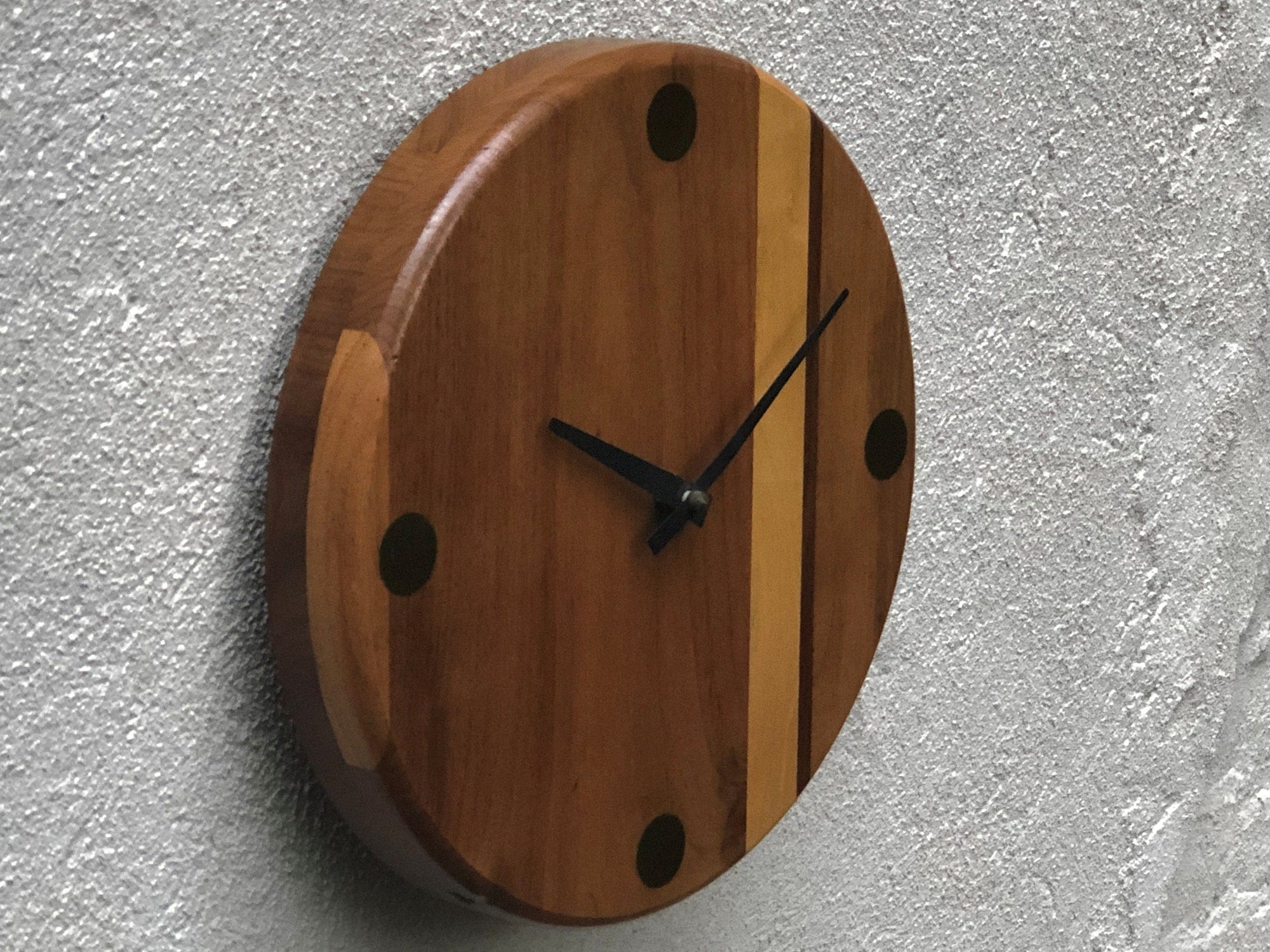 I Like Mike's Mid Century Modern Clock Modern Handcrafted Round Solid Wood Wall Clock, Inlayed Brass Markers, Quiet Quartz Movement