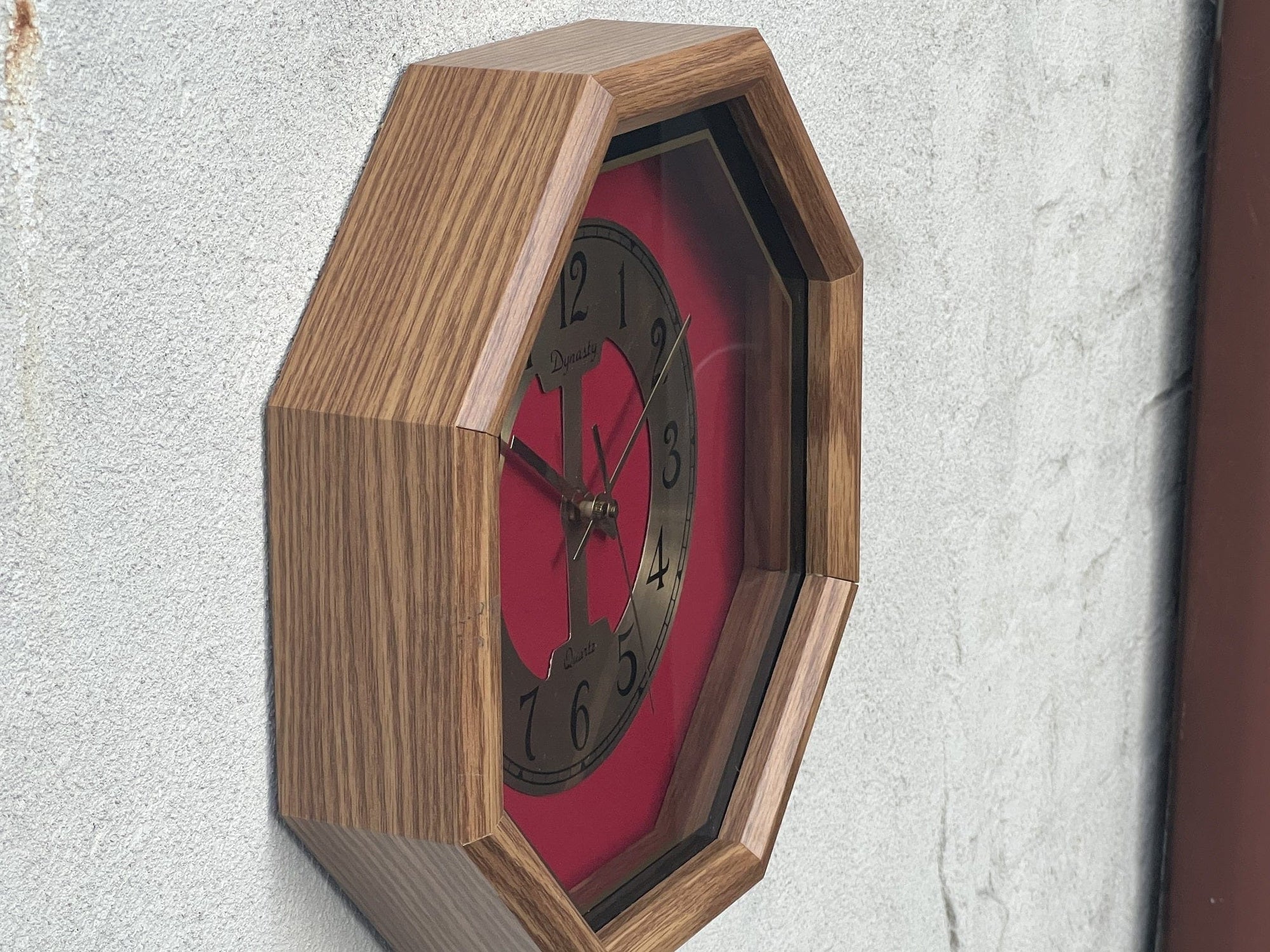 I Like Mike's Mid Century Modern Clock Octogon Oak Red Wall Clock by Dynasty, 1980s