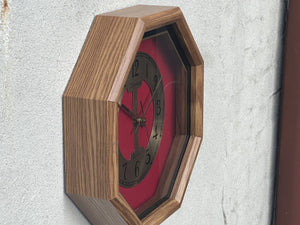 I Like Mike's Mid Century Modern Clock Octogon Oak Red Wall Clock by Dynasty, 1980s