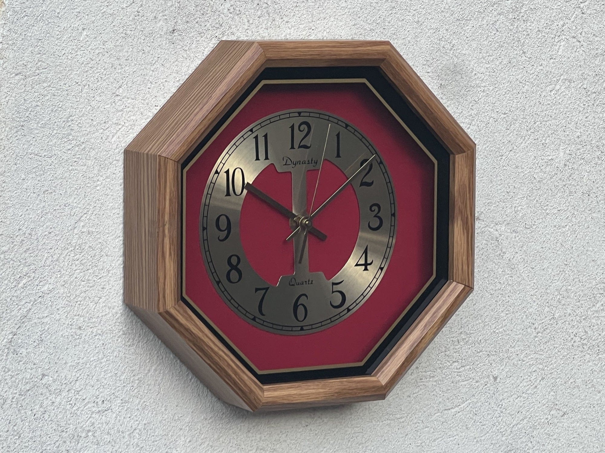 I Like Mike's Mid Century Modern Clock Octogon Oak Red Wall Clock by Dynasty, 1980s