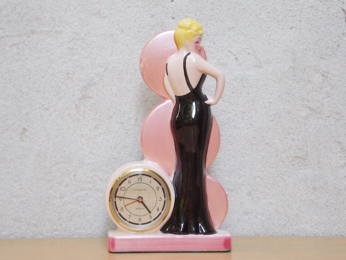 I Like Mike's Mid Century Modern Clock Pink Ceramic Blond Bombshell Clock Figurine by Sarsaparilla Deco Desgins, 1980s