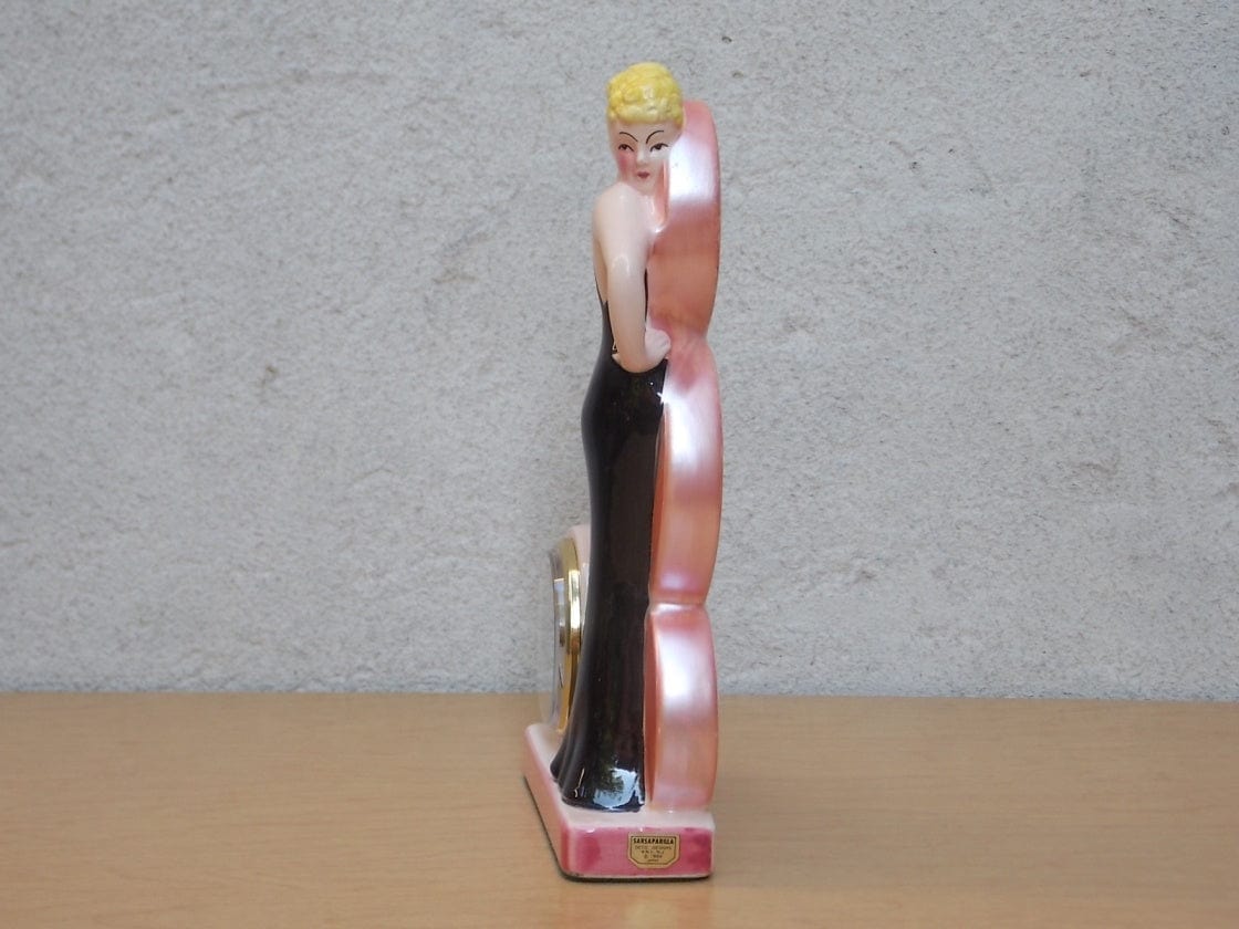 I Like Mike's Mid Century Modern Clock Pink Ceramic Blond Bombshell Clock Figurine by Sarsaparilla Deco Desgins, 1980s