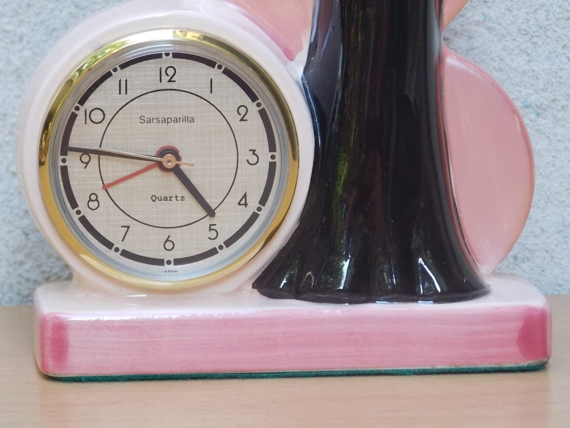 I Like Mike's Mid Century Modern Clock Pink Ceramic Blond Bombshell Clock Figurine by Sarsaparilla Deco Desgins, 1980s