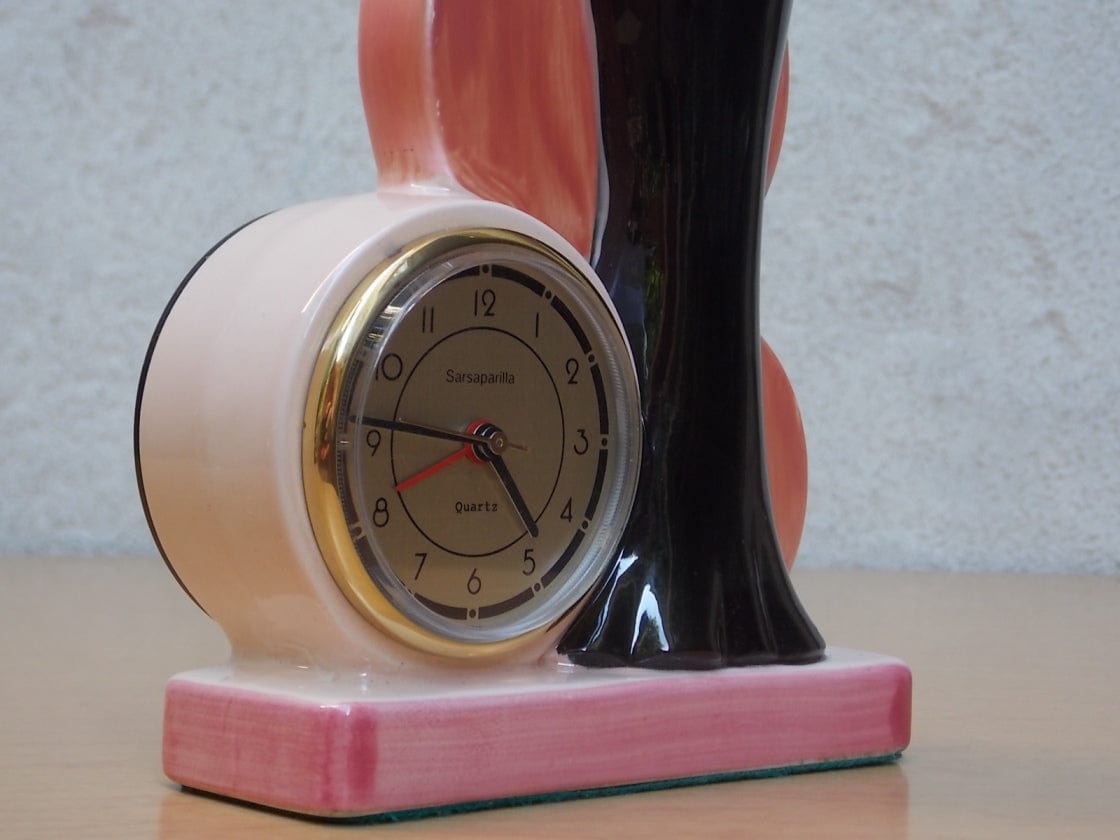 I Like Mike's Mid Century Modern Clock Pink Ceramic Blond Bombshell Clock Figurine by Sarsaparilla Deco Desgins, 1980s