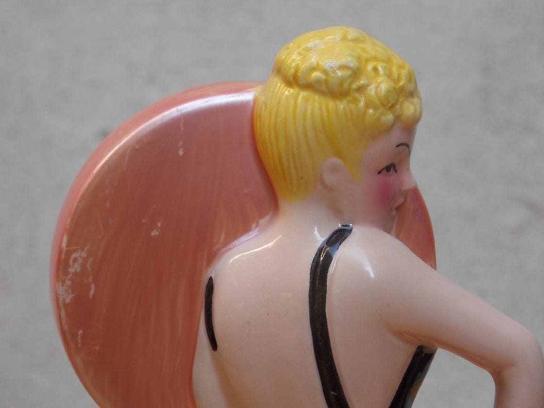 I Like Mike's Mid Century Modern Clock Pink Ceramic Blond Bombshell Clock Figurine by Sarsaparilla Deco Desgins, 1980s