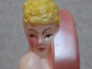 I Like Mike's Mid Century Modern Clock Pink Ceramic Blond Bombshell Clock Figurine by Sarsaparilla Deco Desgins, 1980s