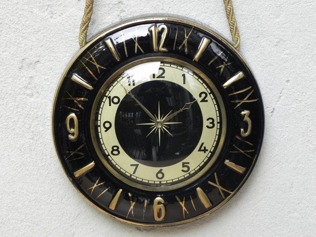 I Like Mike's Mid Century Modern Clock Round Ceramic Black Gold Rope Wall Clock