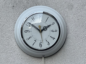 I Like Mike's Mid Century Modern Clock Round White Chrome Electric Wall Clock by United Clocks