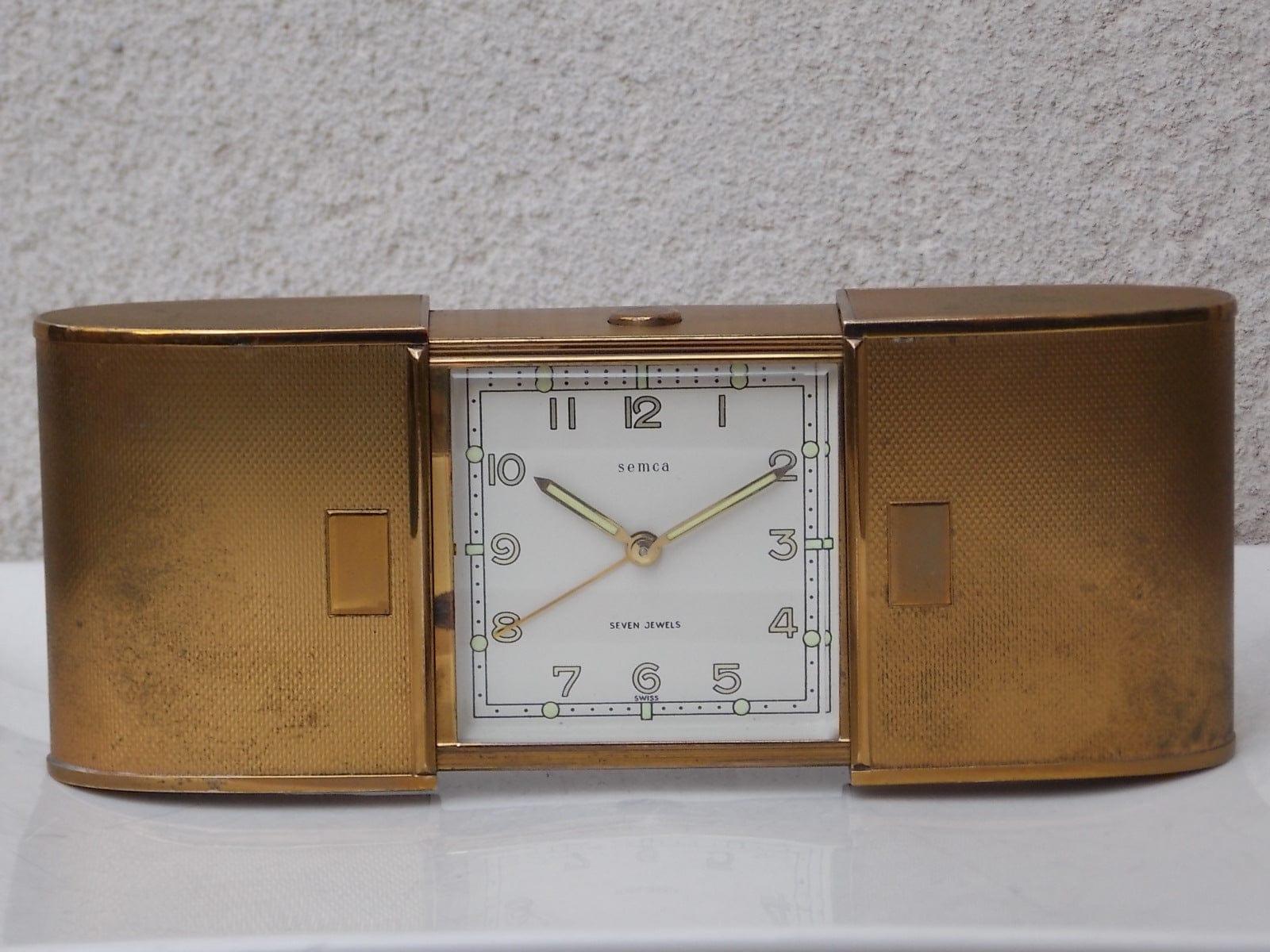 I Like Mike's Mid Century Modern Clock Semca Seven Jewels Travel Clock in Gold Metal Case