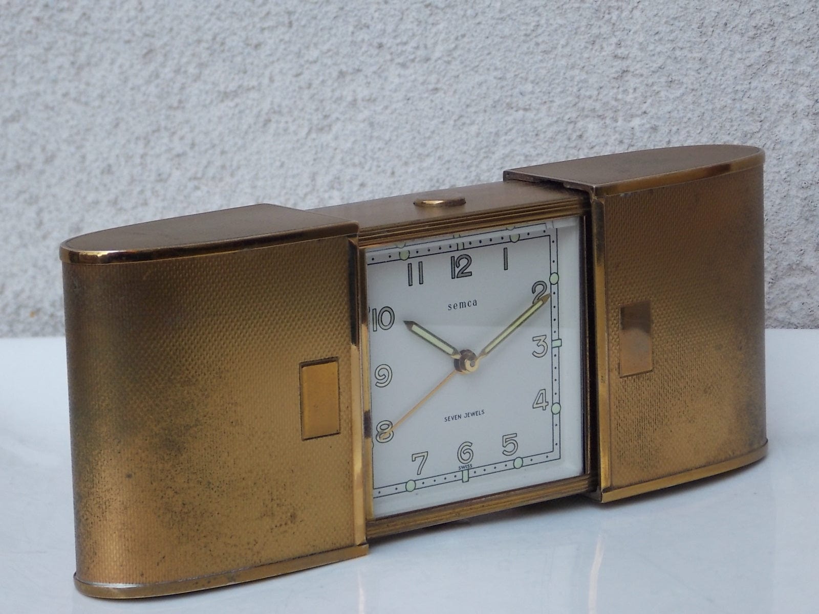 I Like Mike's Mid Century Modern Clock Semca Seven Jewels Travel Clock in Gold Metal Case
