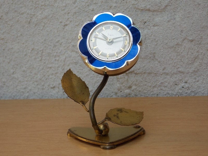 I Like Mike's Mid Century Modern Clock Sheffield Blue Enameled Flower Wind Up Alarm Clock