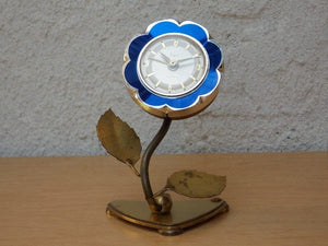 I Like Mike's Mid Century Modern Clock Sheffield Blue Enameled Flower Wind Up Alarm Clock