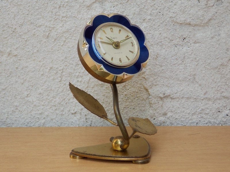 I Like Mike's Mid Century Modern Clock Sheffield Blue Enameled Flower Wind Up Alarm Clock