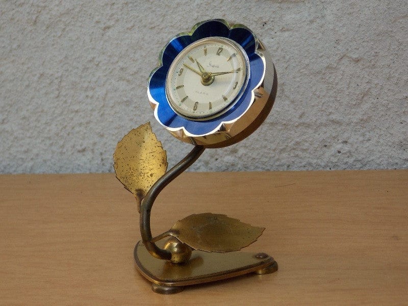 I Like Mike's Mid Century Modern Clock Sheffield Blue Enameled Flower Wind Up Alarm Clock