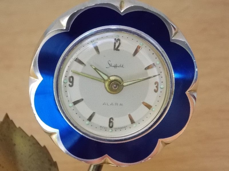 I Like Mike's Mid Century Modern Clock Sheffield Blue Enameled Flower Wind Up Alarm Clock