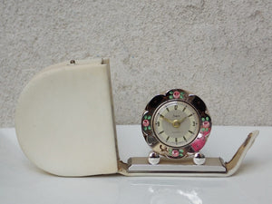 I Like Mike's Mid Century Modern Clock Sheffield Floral Travel Clock in White Leather Case, Wind Up