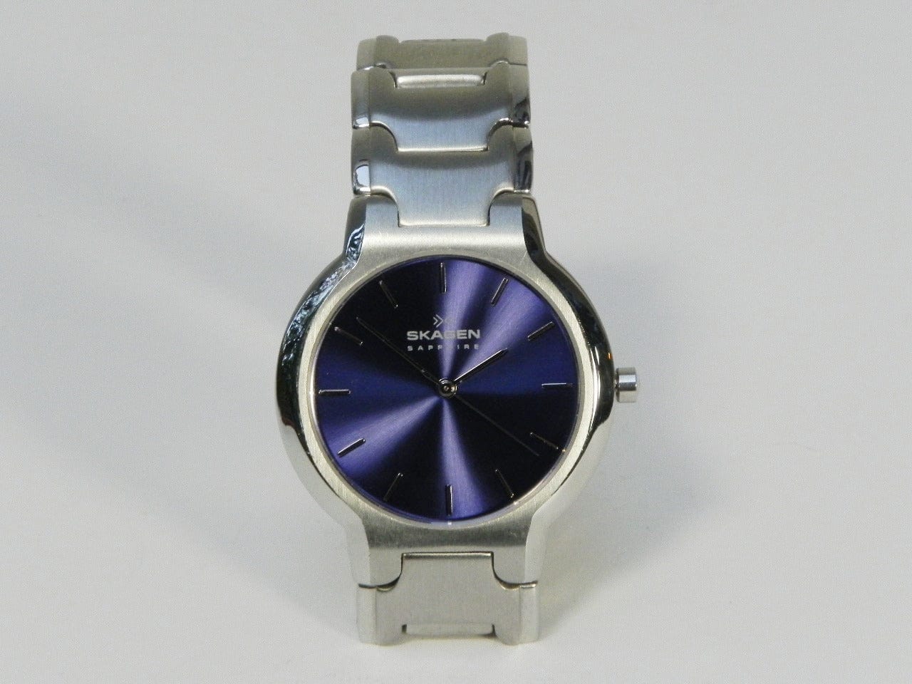 I Like Mike's Mid Century Modern Clock Skagen Sapphire Men's Round Watch with Blue Face, Metal Link Band