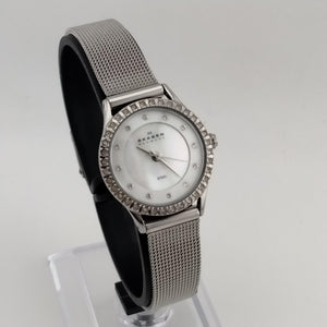 I Like Mike's Mid Century Modern Clock Skagen Silver Tone Women's Watch, Round Mother of Pearl Face with Crystal Border, Crystal Dot Markers, Mesh Strap