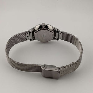 I Like Mike's Mid Century Modern Clock Skagen Silver Tone Women's Watch, Round Mother of Pearl Face with Crystal Border, Crystal Dot Markers, Mesh Strap