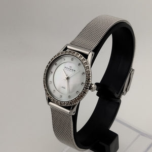 I Like Mike's Mid Century Modern Clock Skagen Silver Tone Women's Watch, Round Mother of Pearl Face with Crystal Border, Crystal Dot Markers, Mesh Strap