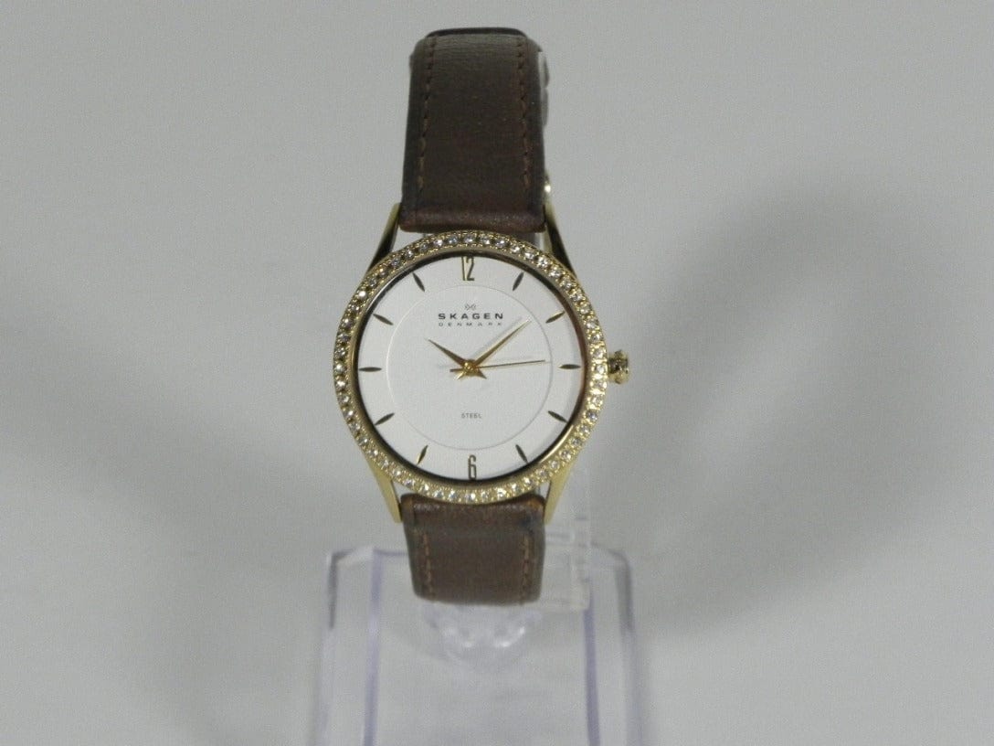 I Like Mike's Mid Century Modern Clock Skagen Women's Gold Toned Steel Watch, Jeweled, Brown Leather Band