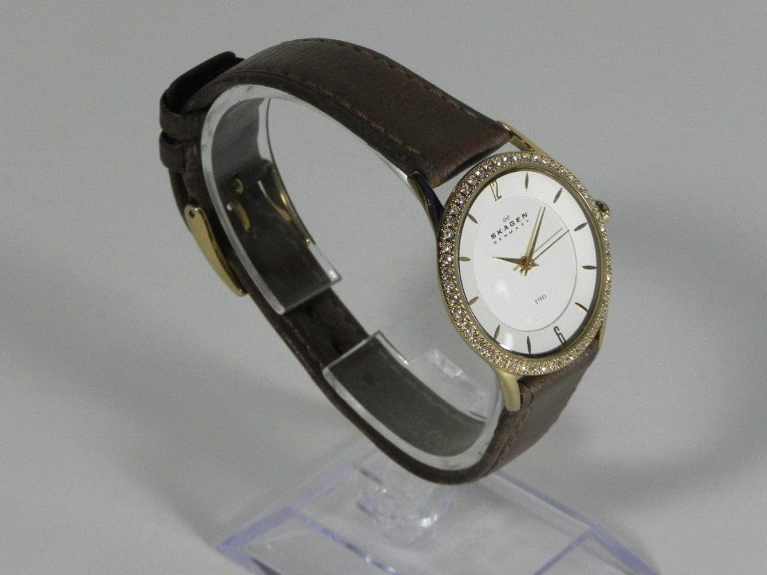 I Like Mike's Mid Century Modern Clock Skagen Women's Gold Toned Steel Watch, Jeweled, Brown Leather Band
