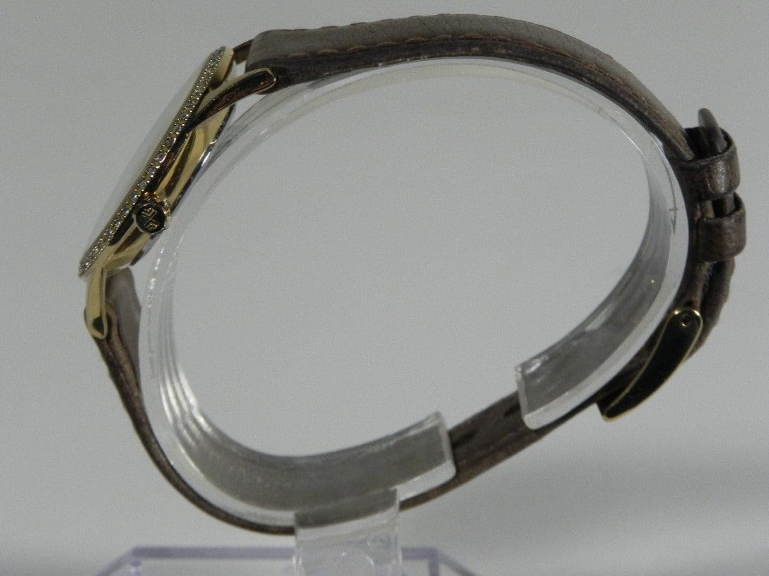 I Like Mike's Mid Century Modern Clock Skagen Women's Gold Toned Steel Watch, Jeweled, Brown Leather Band