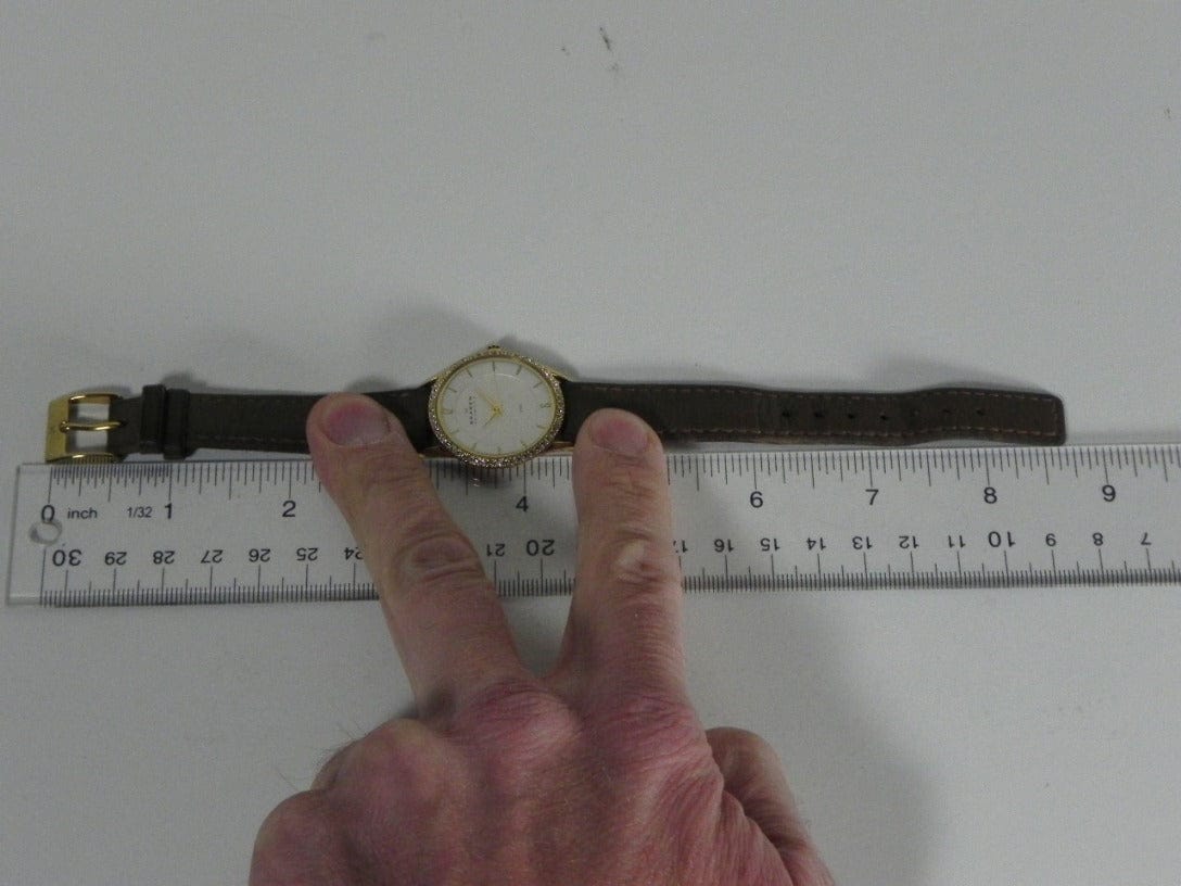 I Like Mike's Mid Century Modern Clock Skagen Women's Gold Toned Steel Watch, Jeweled, Brown Leather Band
