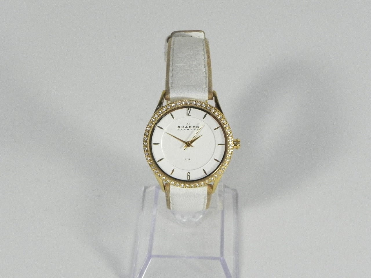 I Like Mike's Mid Century Modern Clock Skagen Women's Jeweled Goldtone Watch with White Leather Band