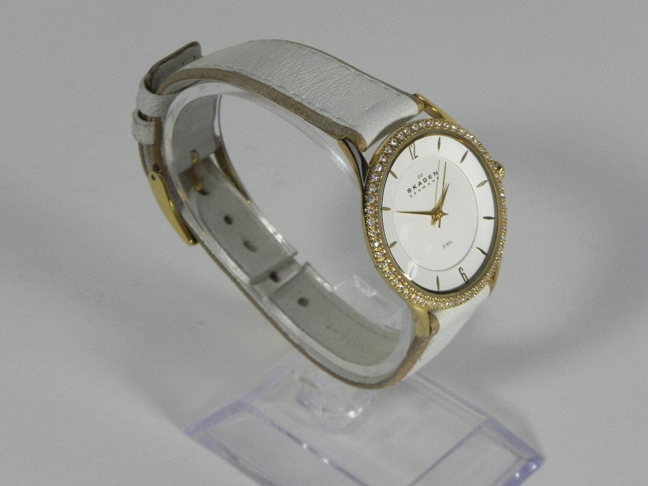 I Like Mike's Mid Century Modern Clock Skagen Women's Jeweled Goldtone Watch with White Leather Band