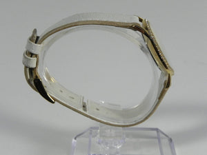 I Like Mike's Mid Century Modern Clock Skagen Women's Jeweled Goldtone Watch with White Leather Band
