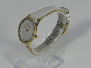 I Like Mike's Mid Century Modern Clock Skagen Women's Jeweled Goldtone Watch with White Leather Band