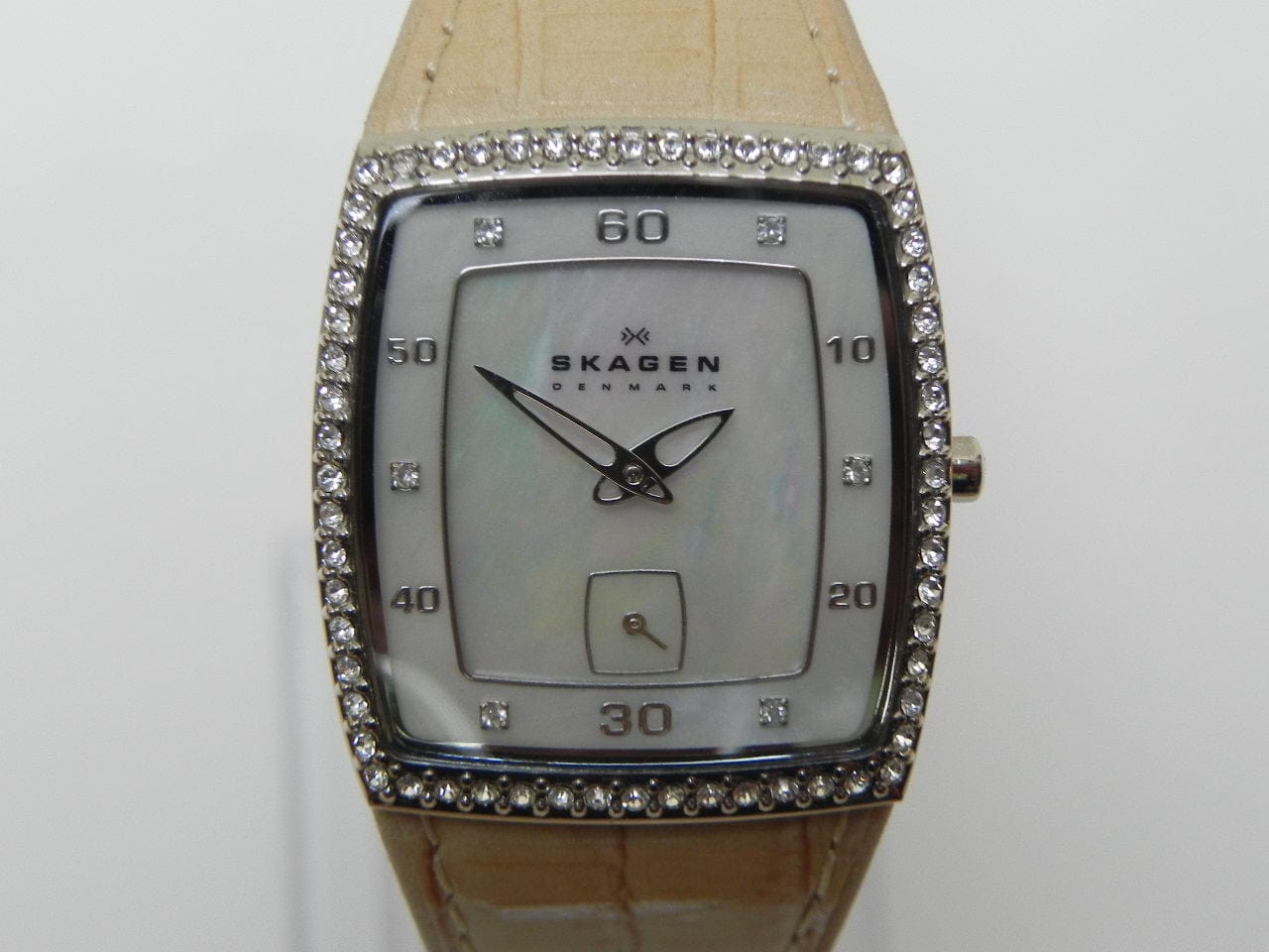 I Like Mike's Mid Century Modern Clock Skagen Women's Square Dress Watch, Mother of Pearl with Swarovsky Crystal Border