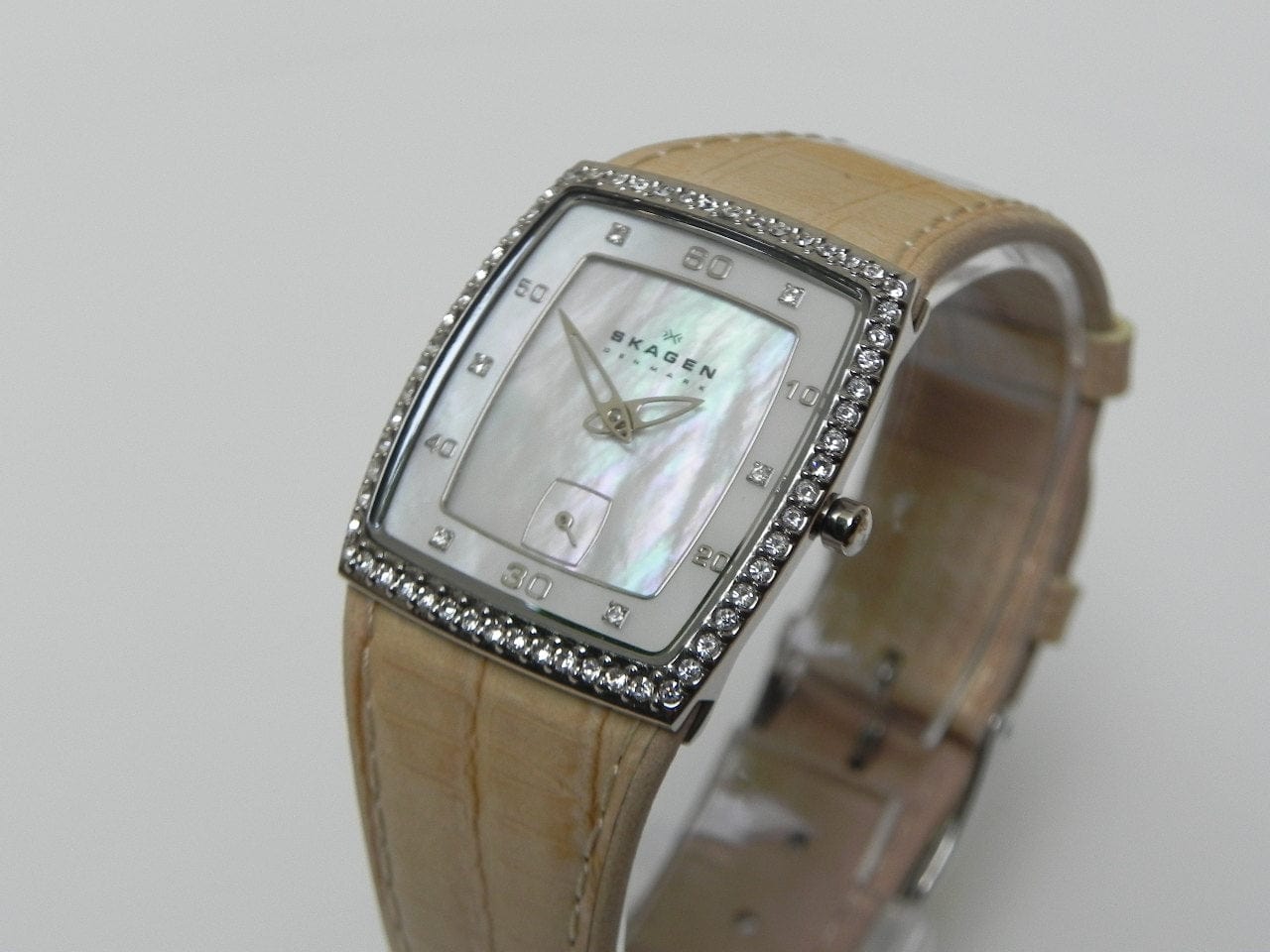I Like Mike's Mid Century Modern Clock Skagen Women's Square Dress Watch, Mother of Pearl with Swarovsky Crystal Border