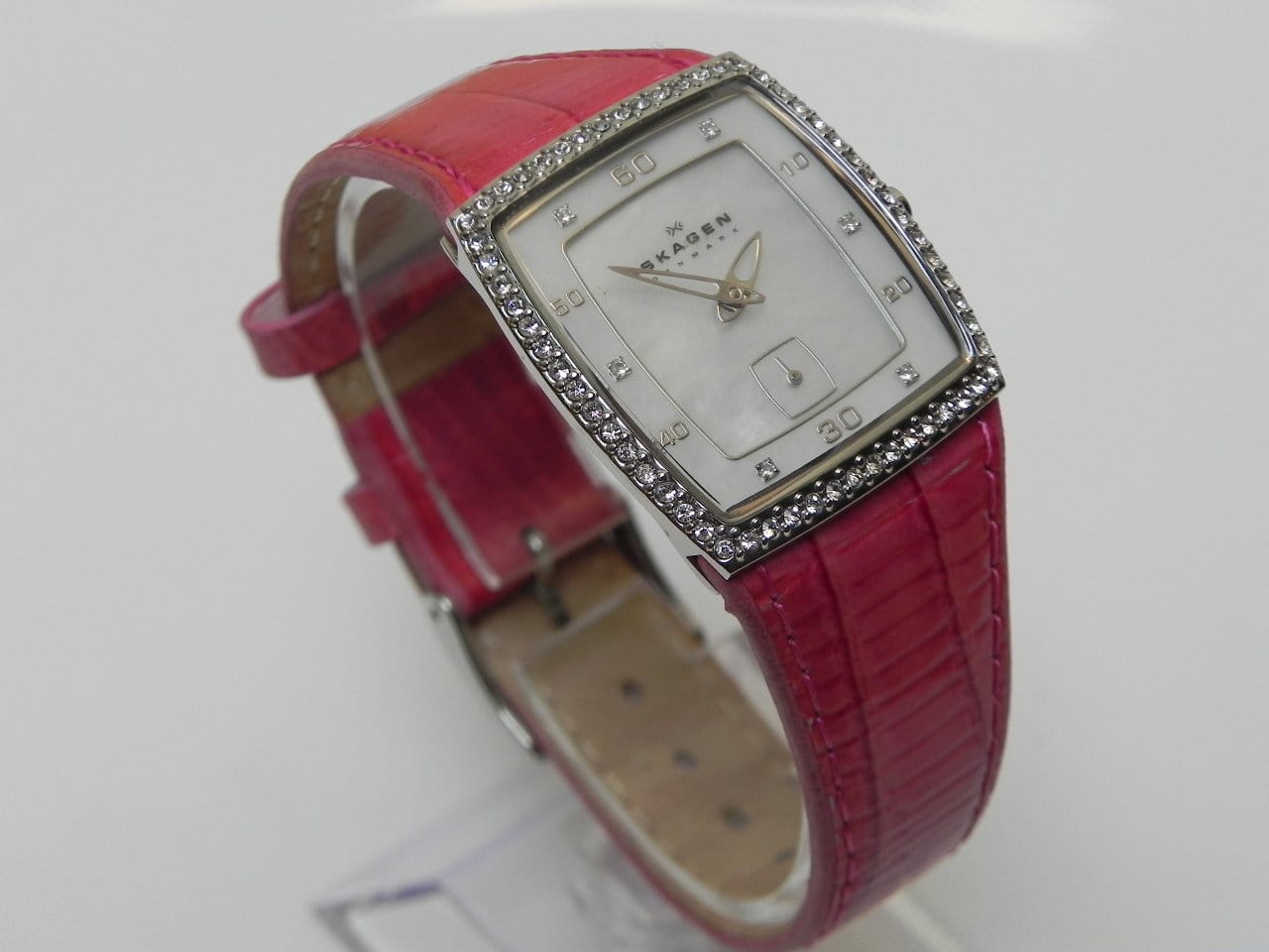 I Like Mike's Mid Century Modern Clock Skagen Women's Square Dress Watch, Mother of Pearl with Swarovsky Crystal, Pink Leather Band