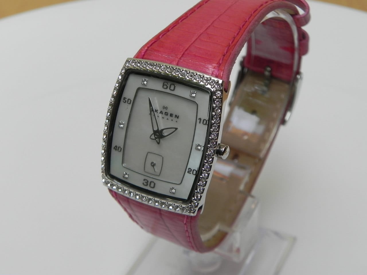 I Like Mike's Mid Century Modern Clock Skagen Women's Square Dress Watch, Mother of Pearl with Swarovsky Crystal, Pink Leather Band