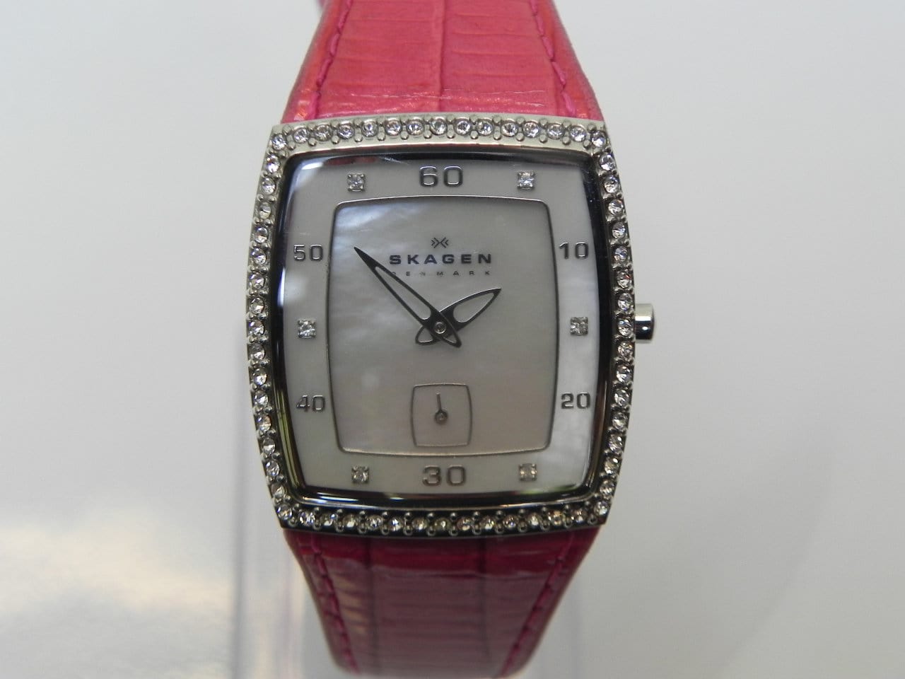 I Like Mike's Mid Century Modern Clock Skagen Women's Square Dress Watch, Mother of Pearl with Swarovsky Crystal, Pink Leather Band