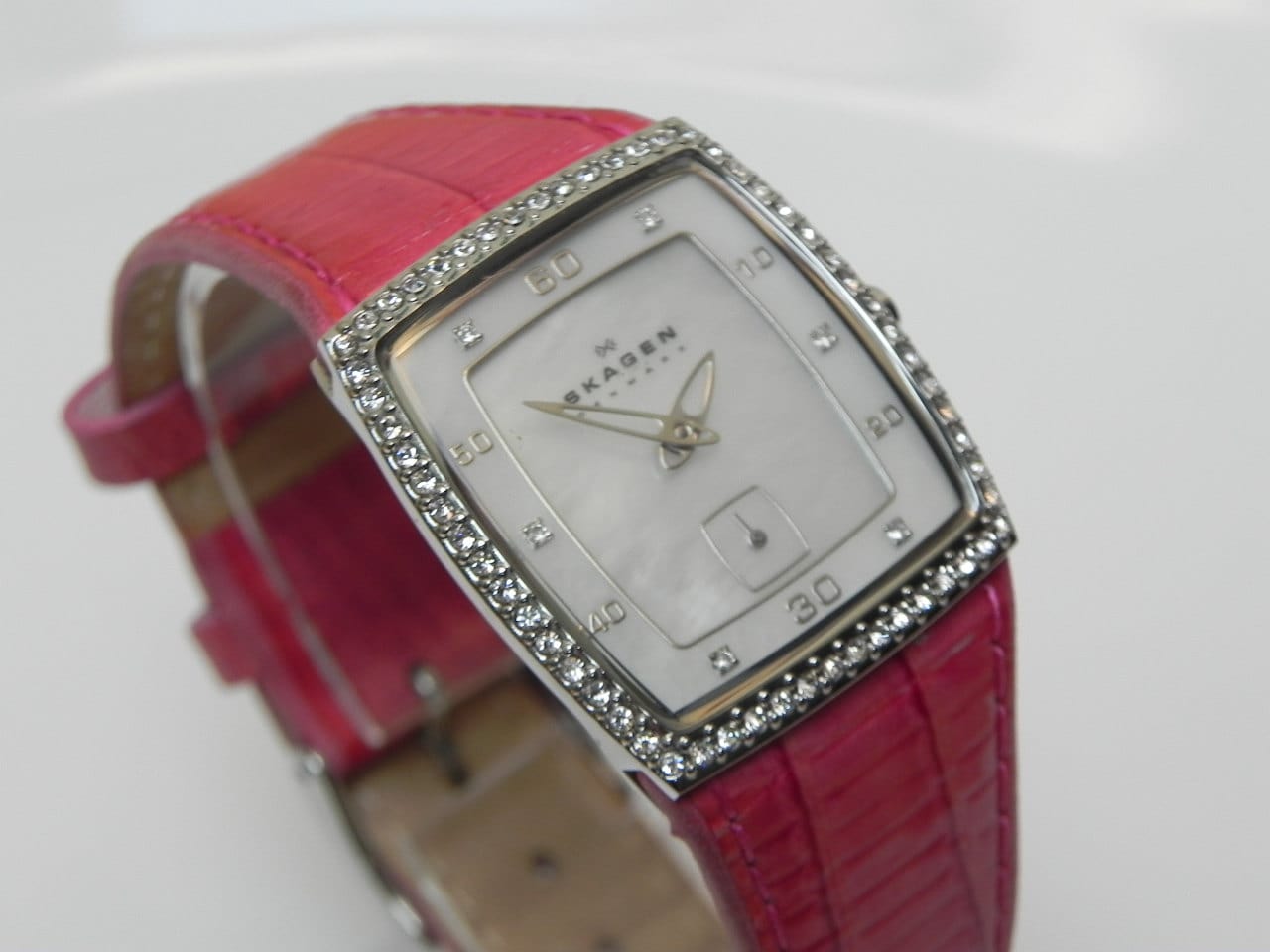 I Like Mike's Mid Century Modern Clock Skagen Women's Square Dress Watch, Mother of Pearl with Swarovsky Crystal, Pink Leather Band