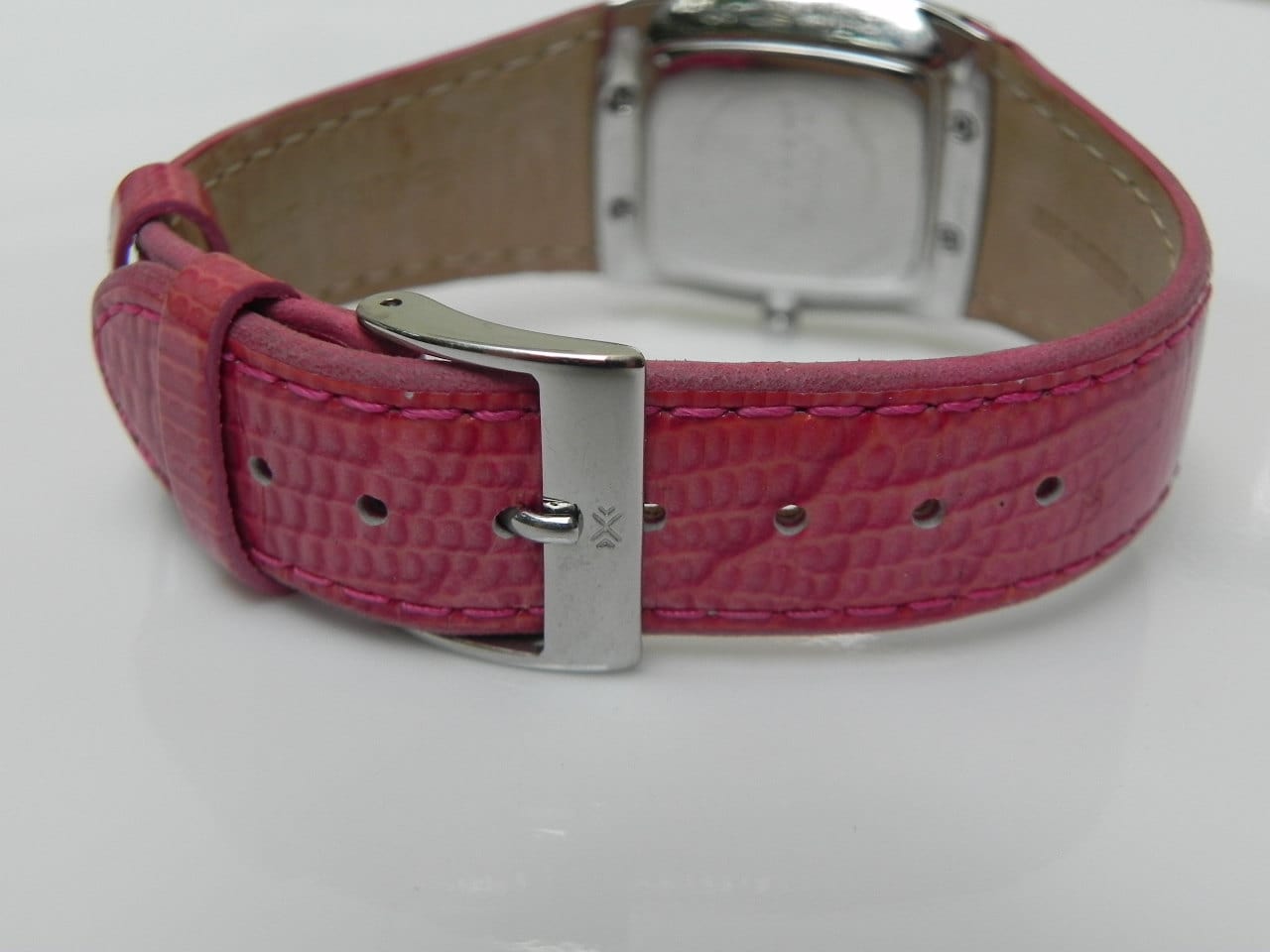 I Like Mike's Mid Century Modern Clock Skagen Women's Square Dress Watch, Mother of Pearl with Swarovsky Crystal, Pink Leather Band