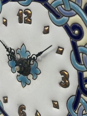 I Like Mike's Mid Century Modern Clock Small Ceramic Moroccan Blue & White Tile Plate with Inlay Gold Number Markers