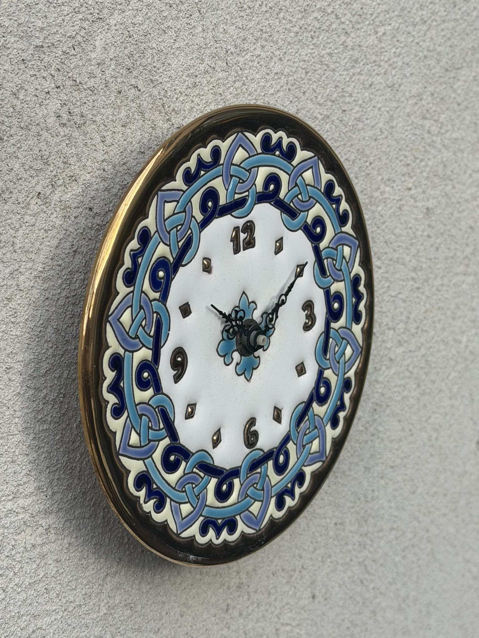 I Like Mike's Mid Century Modern Clock Small Ceramic Moroccan Blue & White Tile Plate with Inlay Gold Number Markers