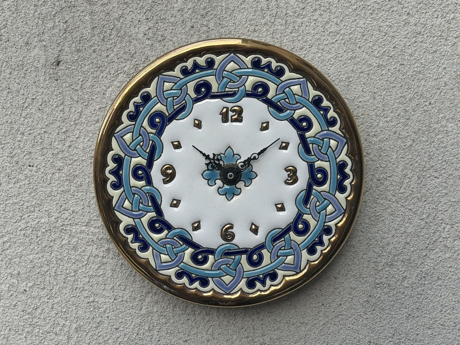I Like Mike's Mid Century Modern Clock Small Ceramic Moroccan Blue & White Tile Plate with Inlay Gold Number Markers