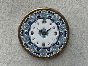 I Like Mike's Mid Century Modern Clock Small Ceramic Moroccan Blue & White Tile Plate with Inlay Gold Number Markers