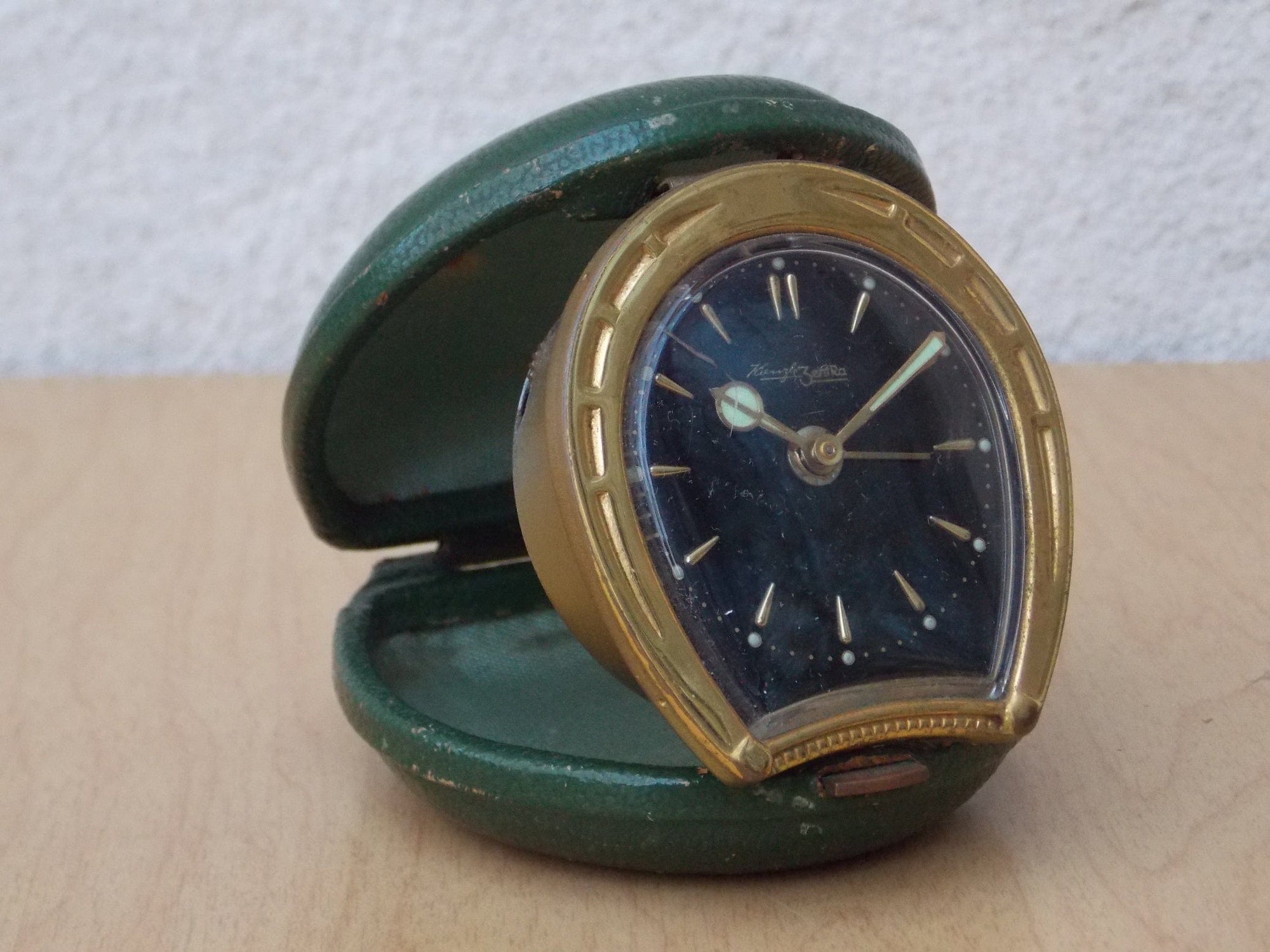 I Like Mike's Mid Century Modern Clock Small Kenzle Brass Green Horseshoe Travel Clock, Wind Up