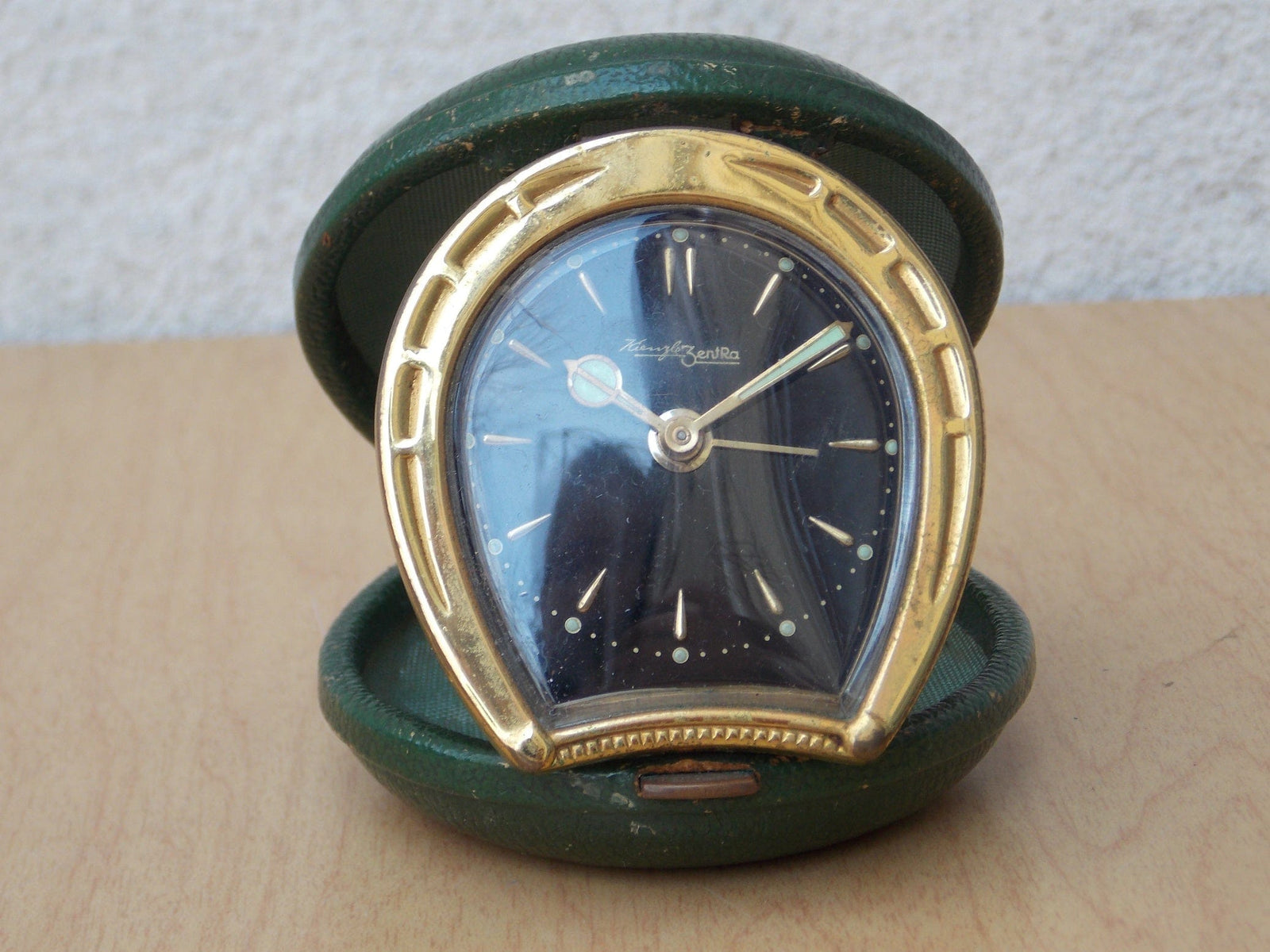 I Like Mike's Mid Century Modern Clock Small Kenzle Brass Green Horseshoe Travel Clock, Wind Up