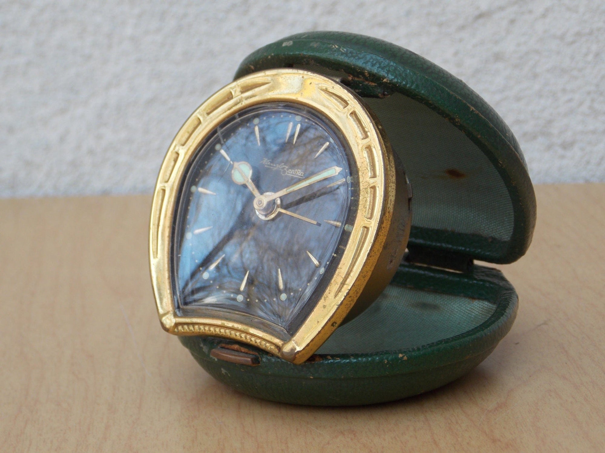 I Like Mike's Mid Century Modern Clock Small Kenzle Brass Green Horseshoe Travel Clock, Wind Up