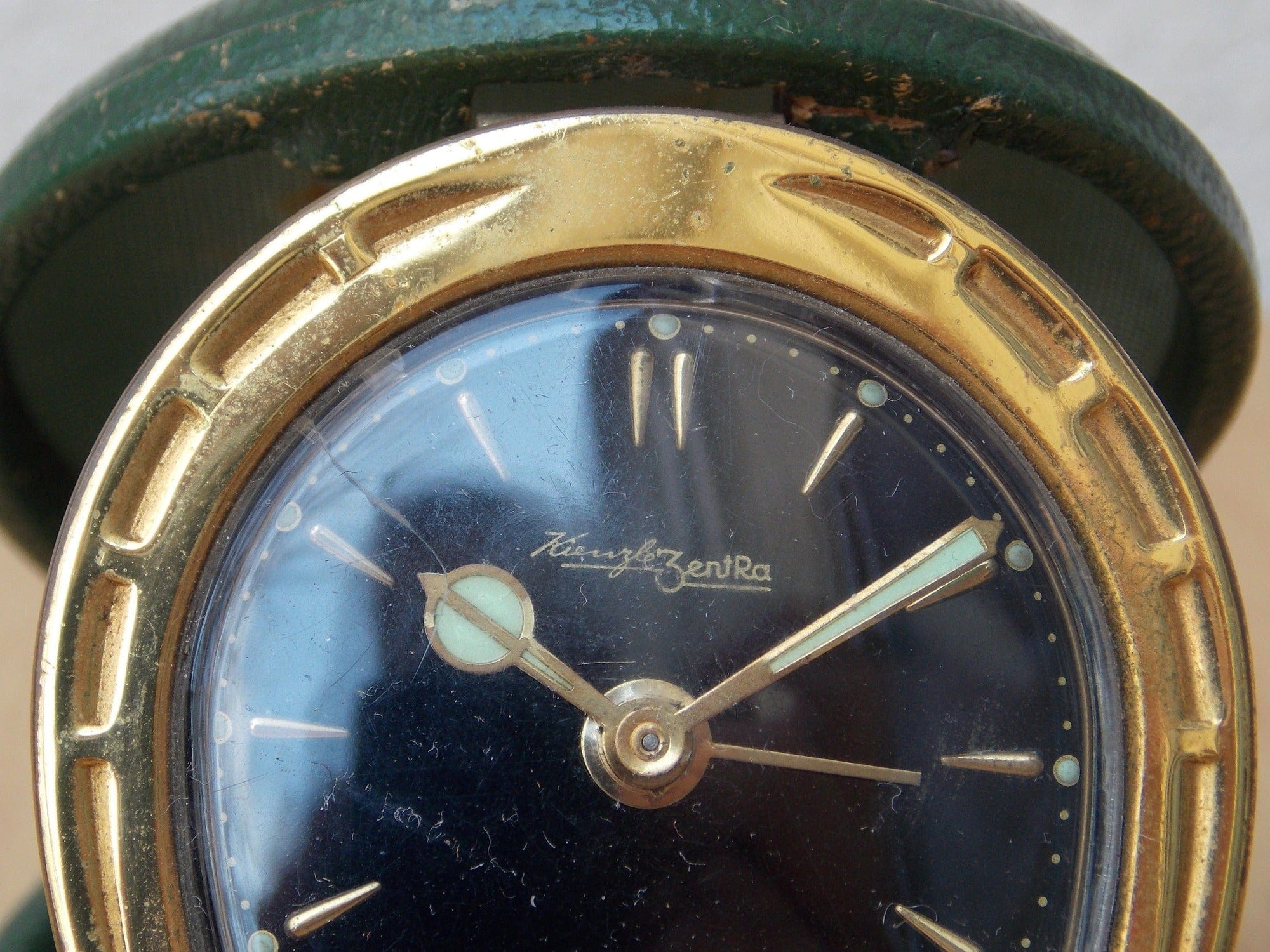 I Like Mike's Mid Century Modern Clock Small Kenzle Brass Green Horseshoe Travel Clock, Wind Up