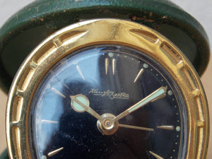 I Like Mike's Mid Century Modern Clock Small Kenzle Brass Green Horseshoe Travel Clock, Wind Up
